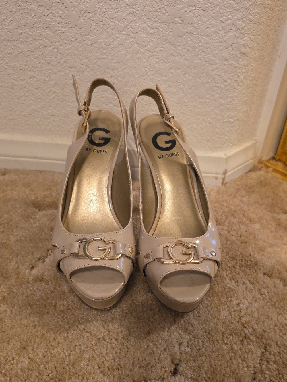GUESS Patent Nude Peep-Toe Slingback Heels with Gold Logo